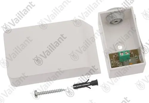 Vaillant Fühler in einer Kunststoffverkleidung, bestehend aus einem Gehäuse mit Anschlussklemmen und einer Abdeckung. Zubehörteile wie Schraube und Dübel sind beigelegt.